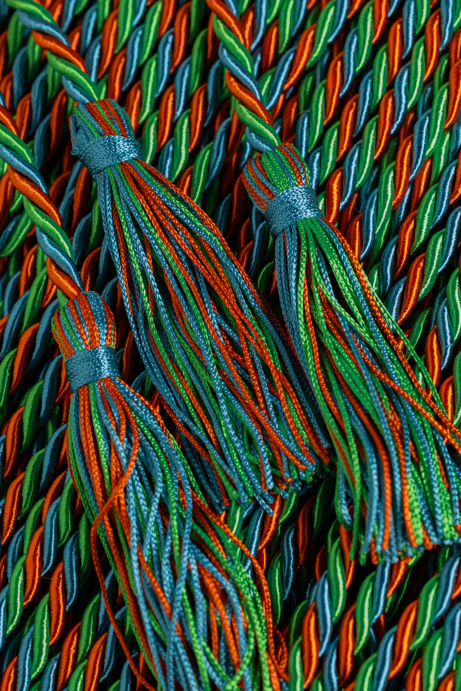 Burnt Orange, Emerald, Ming Blue Graduation cord, Honor Cord