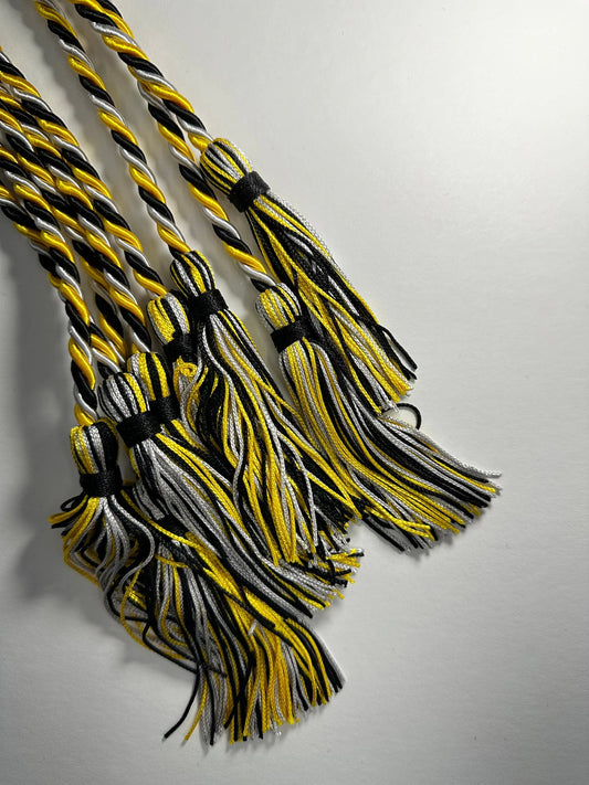 Black, Yellow Gold, Silver Gray Graduation cord, Honor Cord, Twisted